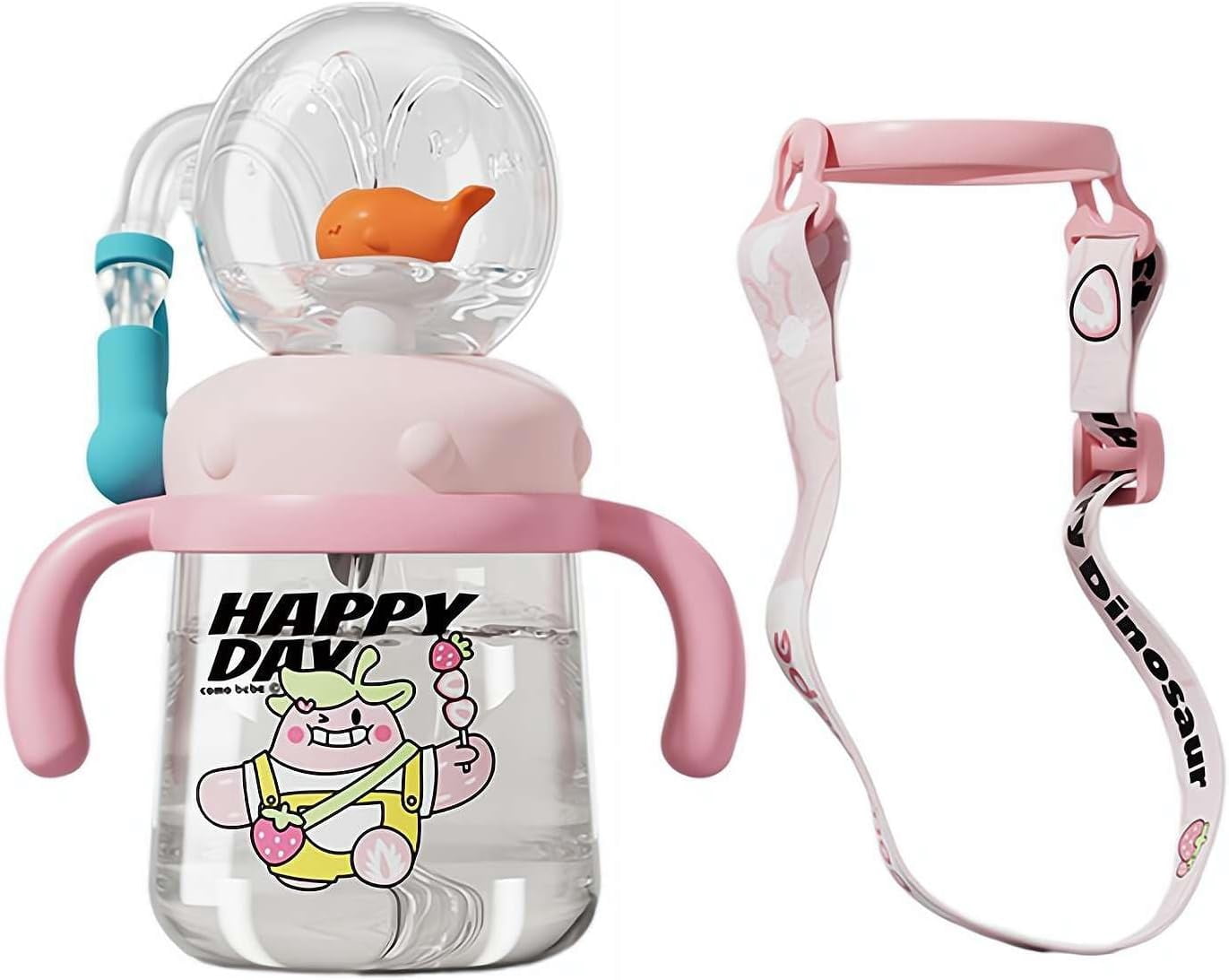 Whale Fountain Tumbler, No Spill Water Bottle with Straws & Lid, Leak Proof Design with Handles & Adjustable Strap, Cute Whale Squirt Cup for Home, School & Travel(RL 1 PC)