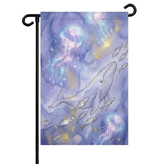 Whale Garden Flag 12x18 Inch Watercolor Blue Purple Whale Jellyfish Fish Gradient Purple Double Sided Small Decorative Garden Flags for Outside, Outdoor Yard Porch Lawn Decoration