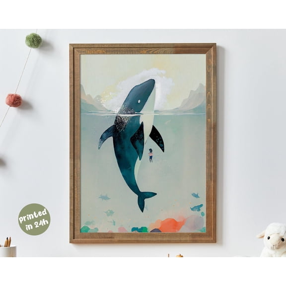 Whale and Girl Ocean Poster, Dreamy Underwater Nursery Wall Art, Orca Friendship Print for Kids Room I Sea Life Illustration, Montessori , Poster Print Only