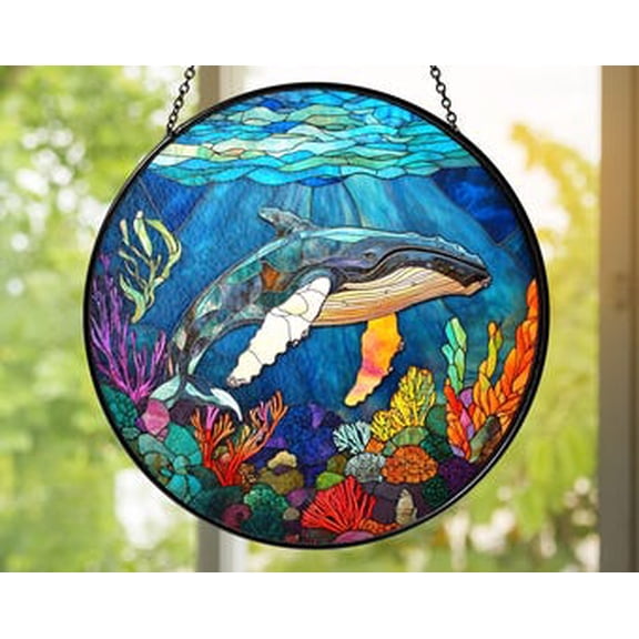Whale Glass Suncatcher – Ocean Coral Reef Window Hanging, Underwater Sea Life Glass Panel, Coastal Home Décor, Marine Lover Gift, 3.5 in