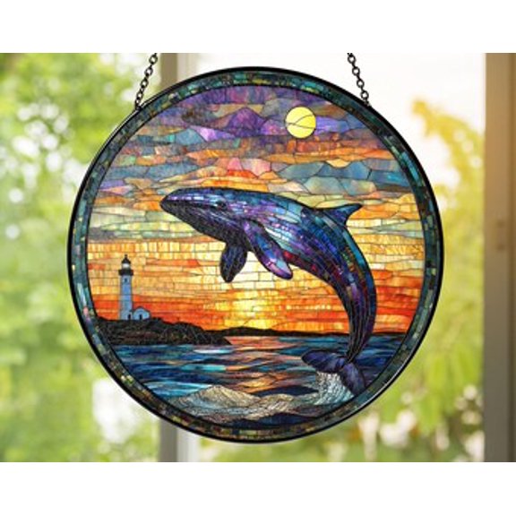 Whale Glass Suncatcher: Ocean Sunset Window Decor, 3.5 in