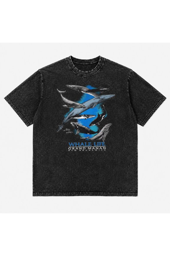 Whale Graphic Mineral Wash T-Shirt, Unisex Cotton Tee