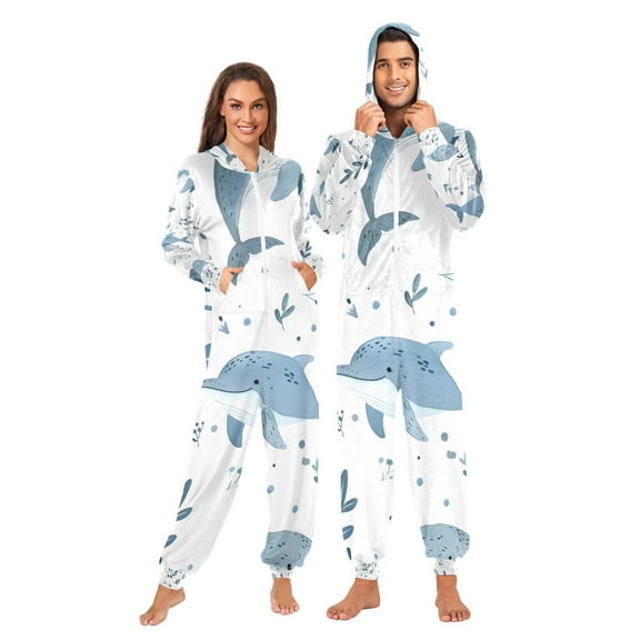 Whale Grass Adult Onesie Pajamas Slim Fit Christmas One Piece Suit Pjs for Women and Men Hooded Zipper