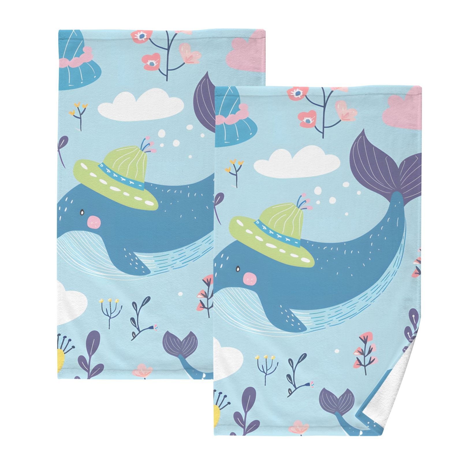 Whale Hats Plants Hand Towels Cotton Bath Towels Large Face Towels Absorbent for Bathroom 2 Packs