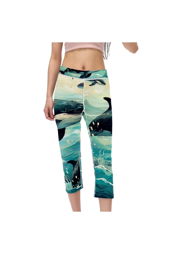 Whale High Waist Capris Compression Leggings for Women - Not See-Through Printed Gym Leggings Suitable for Running, Fitness, Yoga - Women Pants for Active Lifestyle