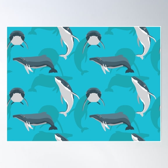 Whale Humpback Cute Cartoon Pattern Green Background Poster Wall Art, Modern Wall Decor For Living Room Bedroom, 8x12 UNFRAMED