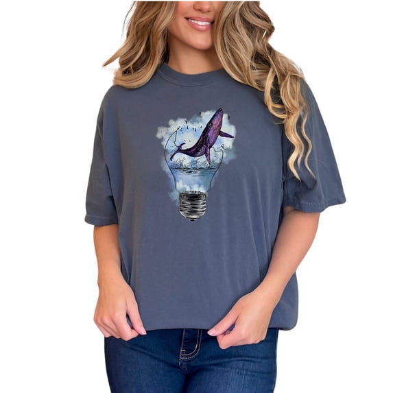 Whale Jumping Out Light Bulb Graphic T-Shirt, Unique Whale Design Tee, Ocean Lover Shirt, Artistic Light Bulb Shirt, Cool Whale Tee, Denim Comfort Colors T-Shirt, 3XL