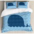 thumbnail image 1 of Whale King Size Duvet Cover Set, Little Whale Water on Top with Artwork Deco Wavy Like Patterned Background Abstract Work, Decorative 3 Piece Bedding Set with 2 Pillow Shams, Blue, by Ambesonne, 1 of 3