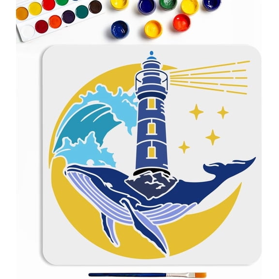 Whale Lighthouse Stencils 11.811.8inch Large Summer Sea Ocean Stencil with Paint Brush Reusable Nautical Moon Star Sea Wave Template for DIY Craft Canvas Wall Wood Home Decor diy