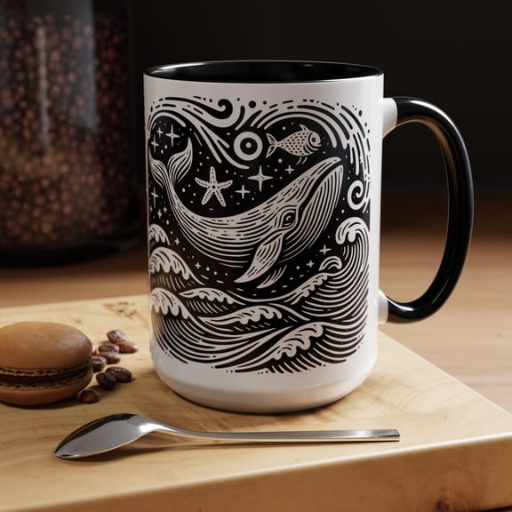 Whale Linoprint Coffee Mug, Ocean Theme Ceramic Tea Cup, Nautical Design Hot Cocoa Mug, Gift for Marine Life Lover, Underwater Creature