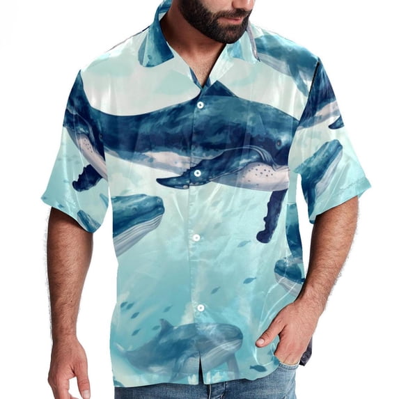 Whale Men's Casual Printed Button Down Short Sleeve Spread Collar Beach Shirts for Summer, Unisex
