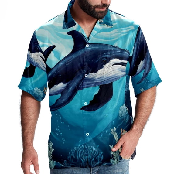 Whale Men's Casual Printed Poplin Short Sleeve Button Down Beach Shirt with Spread Collar Top