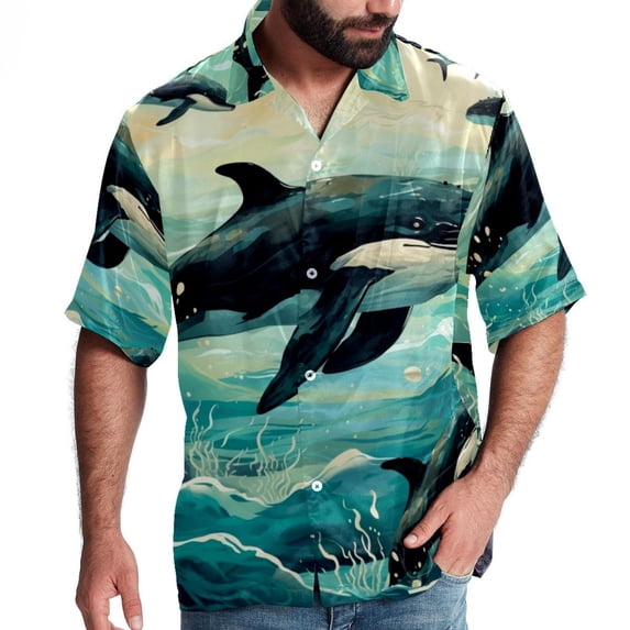 Whale Men's Hawaiian Button Down Printed Short Sleeve Summer Beach Shirts