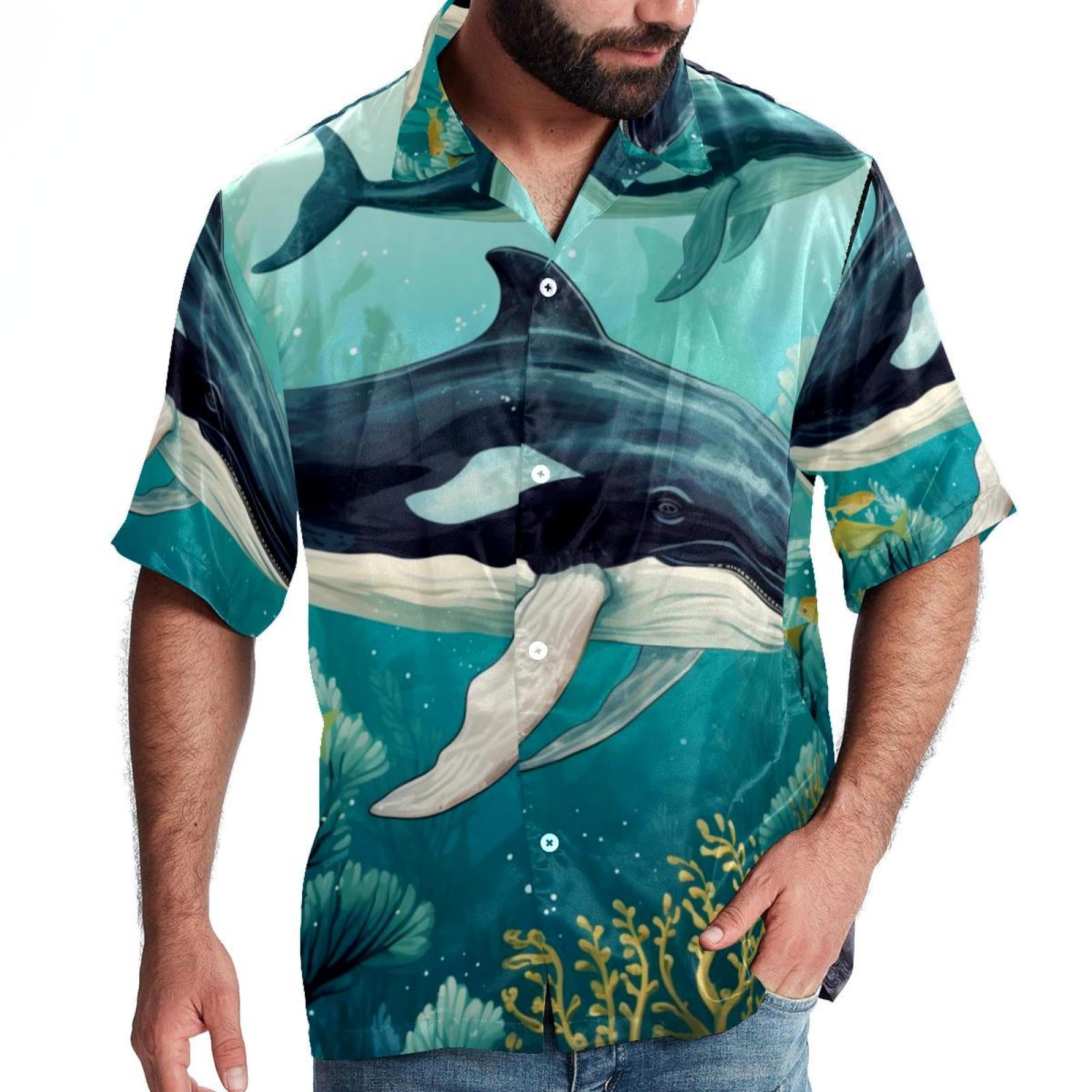 Whale Men's Hawaiian Print Casual Button Down Short Sleeve Summer Beach ...