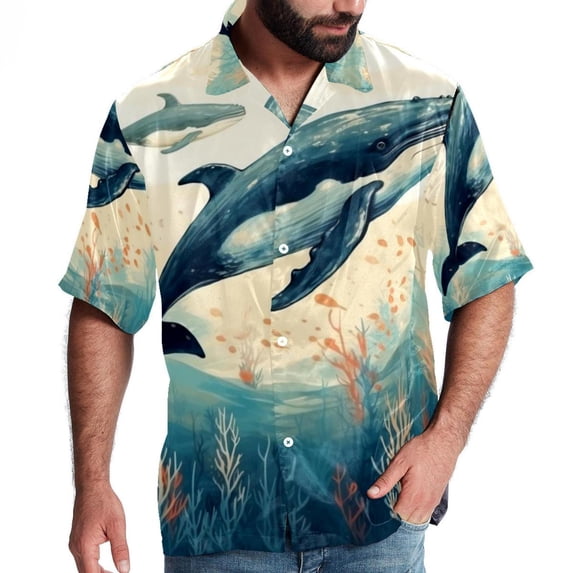 Whale Men's Hawaiian Shirt, Short Sleeve Printed Button Down Beach Casual Tops, Summer Spread Collar Men's Shirts