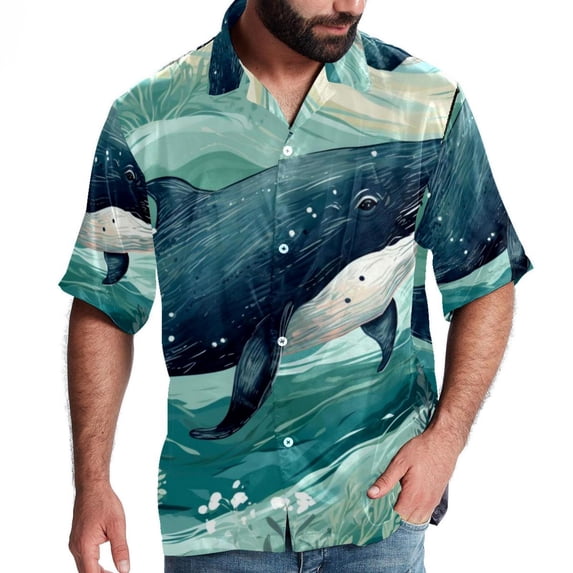 Whale Men's Poplin Casual Printed Button Down Short Sleeve Summer Beach Shirts Unisex