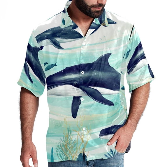 Whale Men's Printed Button Down Short Sleeve Casual Summer Beach Shirt - Unisex