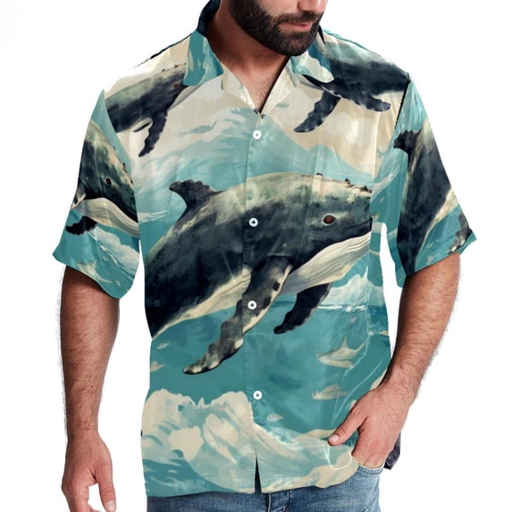 Whale Men's Printed Casual Button Down Short Sleeve Beach Shirts