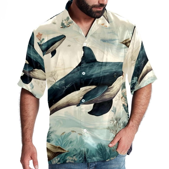 Whale Men's Short Sleeve Beach Shirts Button Down Poplin Casual Printed Summer Unisex
