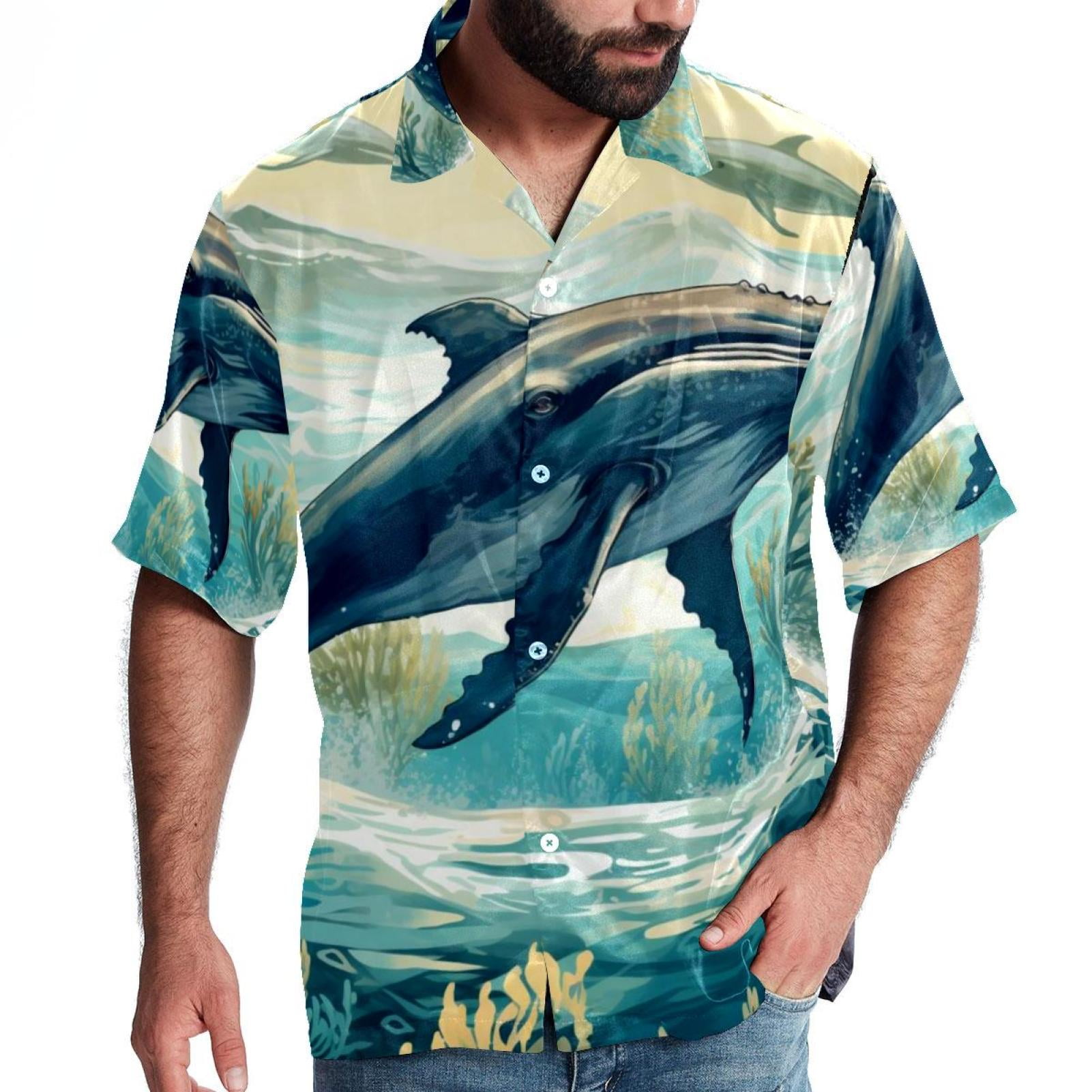 Whale Men's Short Sleeve Button Down Hawaiian Beach Printed Casual ...