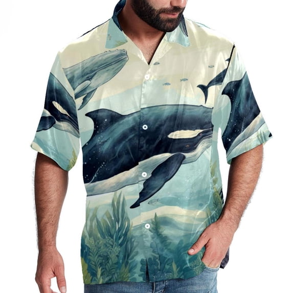 Whale Men's Short Sleeve Button Down Poplin Hawaiian Shirt for Summer Beach, Casual Printed Unisex Style