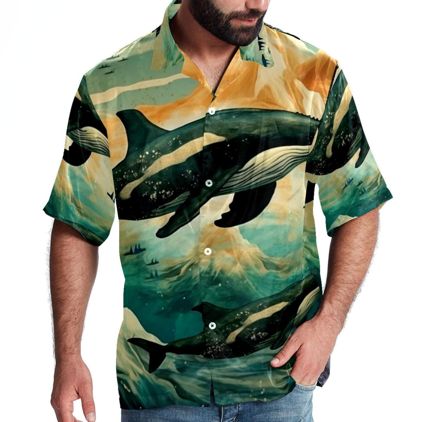 Whale Men's Short Sleeve Hawaiian Beach Shirt Casual Printed Button ...