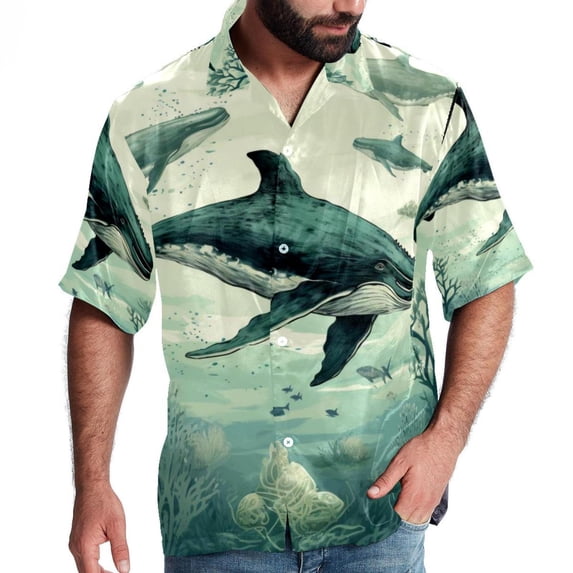Whale Men's Short Sleeve Hawaiian Shirt Button Down Poplin Beach Casual Printed Unisex Summer Tops