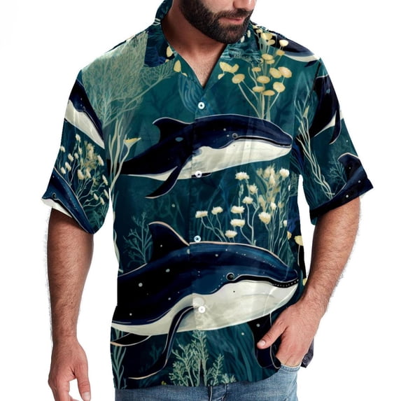 Whale Men's Short Sleeve Hawaiian Shirt Button Down Poplin Beach Casual Printed Unisex Summer Tops