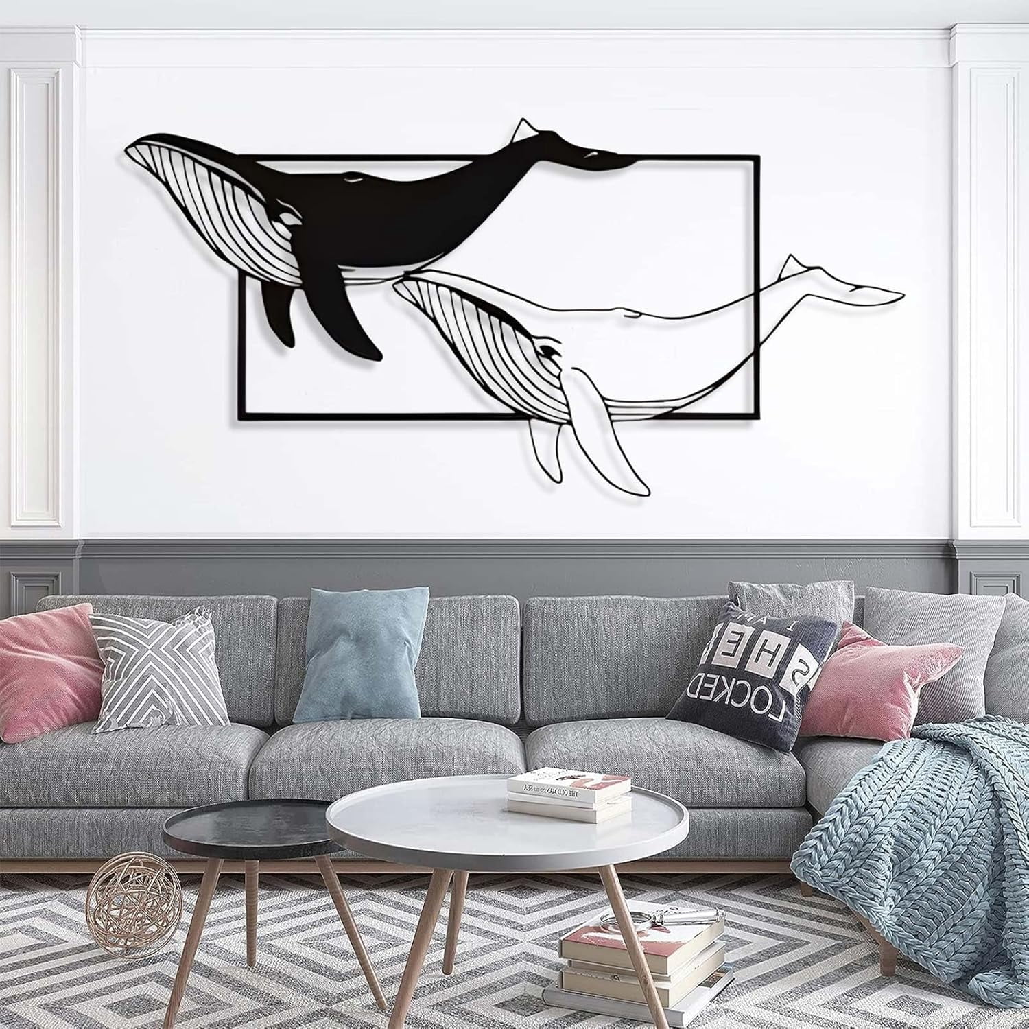 SZI Blue Whale Metal Wall Art - Large Nautical Line Art Decor For Bathroom, Living Room, Or Bedroom (30x17 Inch, White)