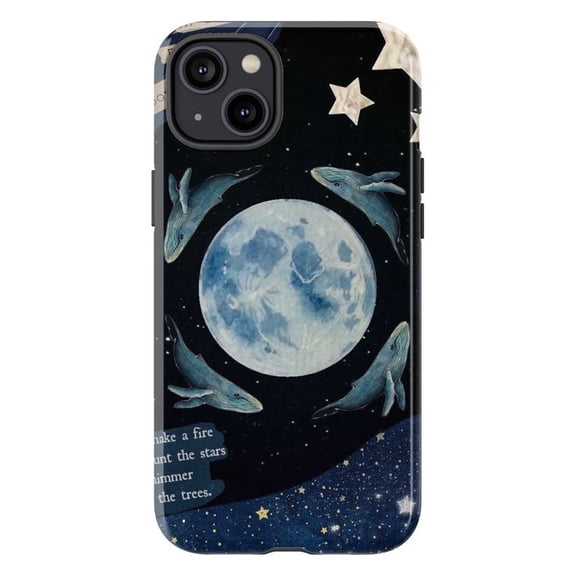 Whale and Moon Phone Case, Night Sky Ocean Art with Blue Full Moon & Stars, Celestial Marine Life Design, Protective iPhone Case for iPhone 16 15 14 13 12 11 Plus Pro Max Mini
