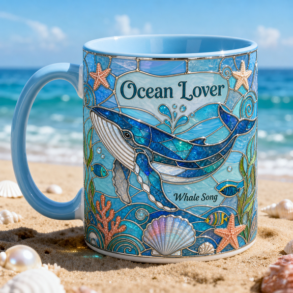 Whale Mug, 2D Flat Ceramic Mug Ocean Lover Gift with Coastal Sea Life Design