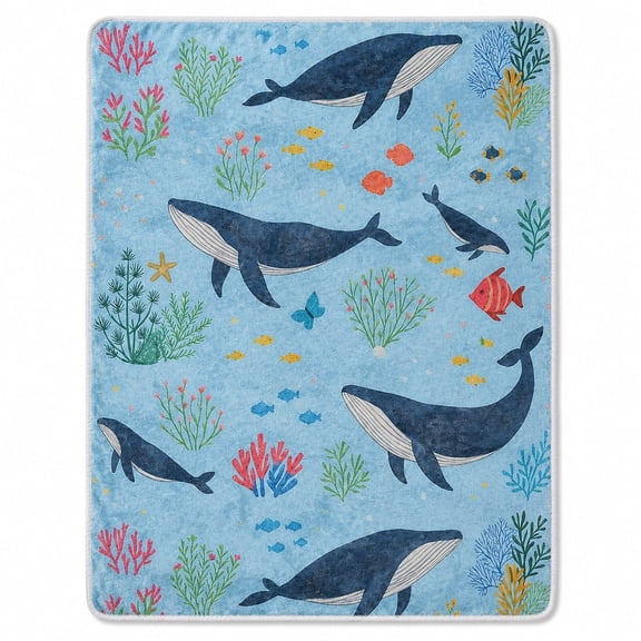 Whale Ocean Sherpa Blanket, Sea Life Polyester Fleece Throw, Multicolor