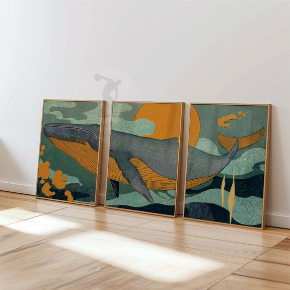 Whale Ocean Sunset Teal Amber Marine Modern Coastal Wall Art Set 3 Stretched Canvas 16x24