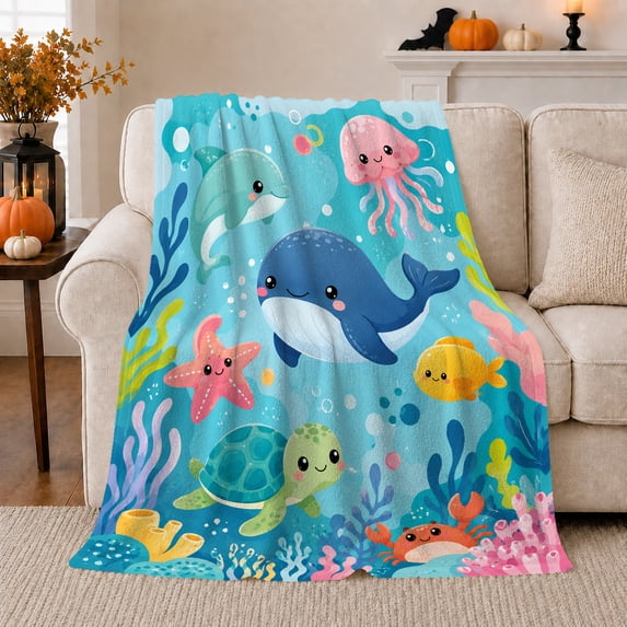 Whale and Octopus with Sea Turtle Friends, Playful Whimsical Style for Ocean Lovers, Colorful Coral Scene and Birthday Gift, Cozy Flannel Blanket for Playroom and Nursery, Home Decor