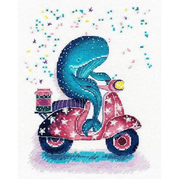 Whale On The Scooter Cross Stitch Kit Deep Sea Life Cross Stitch Pattern On Aida 27 Count Canvas Oven 1183