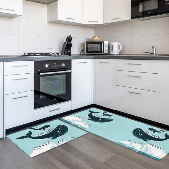 Whale Penguin 2 Pieces Non-Slip Kitchen Mat Set, Coastal Ocean Iceberg Cute Cartoon Soft Door Mat with Rubber Backing, Dirtproof Rugs for Entrance Doorway, 15.7 x 47.2in
