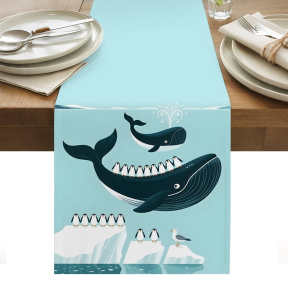 Whale Penguin Cotton Linen Table Runner Coastal Ocean Iceberg Cute Cartoon Dining Table Runners for Home Decor Party Dining Room Restaurant Kitchen Party 13" x 36"