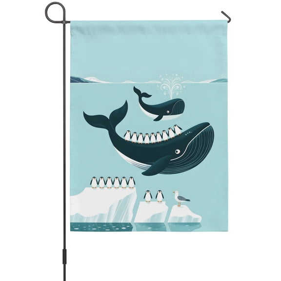 Whale Penguin Garden Flag 12 x 18 Inches, Coastal Ocean Iceberg Cute Cartoon Weather Proof Outdoor Patio Flags Double Sided Small Garden Decoration for Yard Outside Home