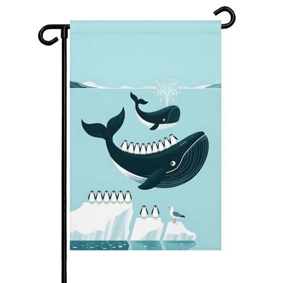 Whale Penguin Garden Flag 12x18 Inch Coastal Ocean Iceberg Cute Cartoon Double Sided Small Decorative Garden Flags for Outside, Outdoor Yard Porch Lawn Decoration