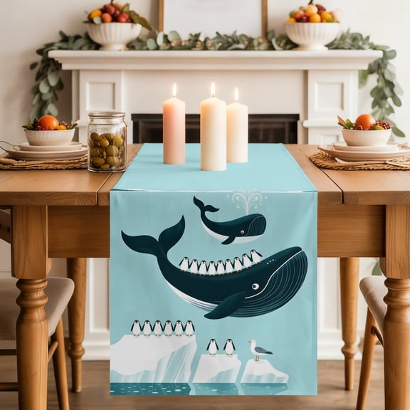 Whale Penguin Table Runner, Coastal Ocean Iceberg Cute Cartoon Washable Cotton-linen Table Runners Dining Kitchen Decoration for Everyday Home Wedding Party Decor, 13 x 48 Inch