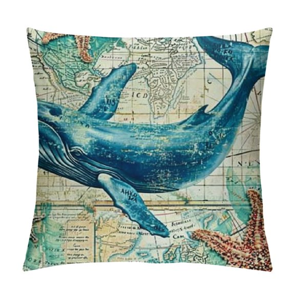 Whale Pillow Case Sea Theme Throw Pillow Cover Square Cushion Cover for Home Sofa Couch Bedroom Living Room Decorative