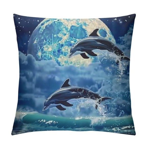 Whale Pillow Cover Reversible Print,Dreamy Ocean Animal Blue Decorative Cushion Cover,Starry Moon Clouds Sky Glitter Couch Pillow Cover,Single Pack