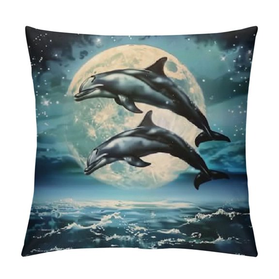 Whale Pillow Cover Reversible Print,Dreamy Ocean Animal Blue Decorative Cushion Cover,Starry Moon Clouds Sky Glitter Couch Pillow Cover,Single