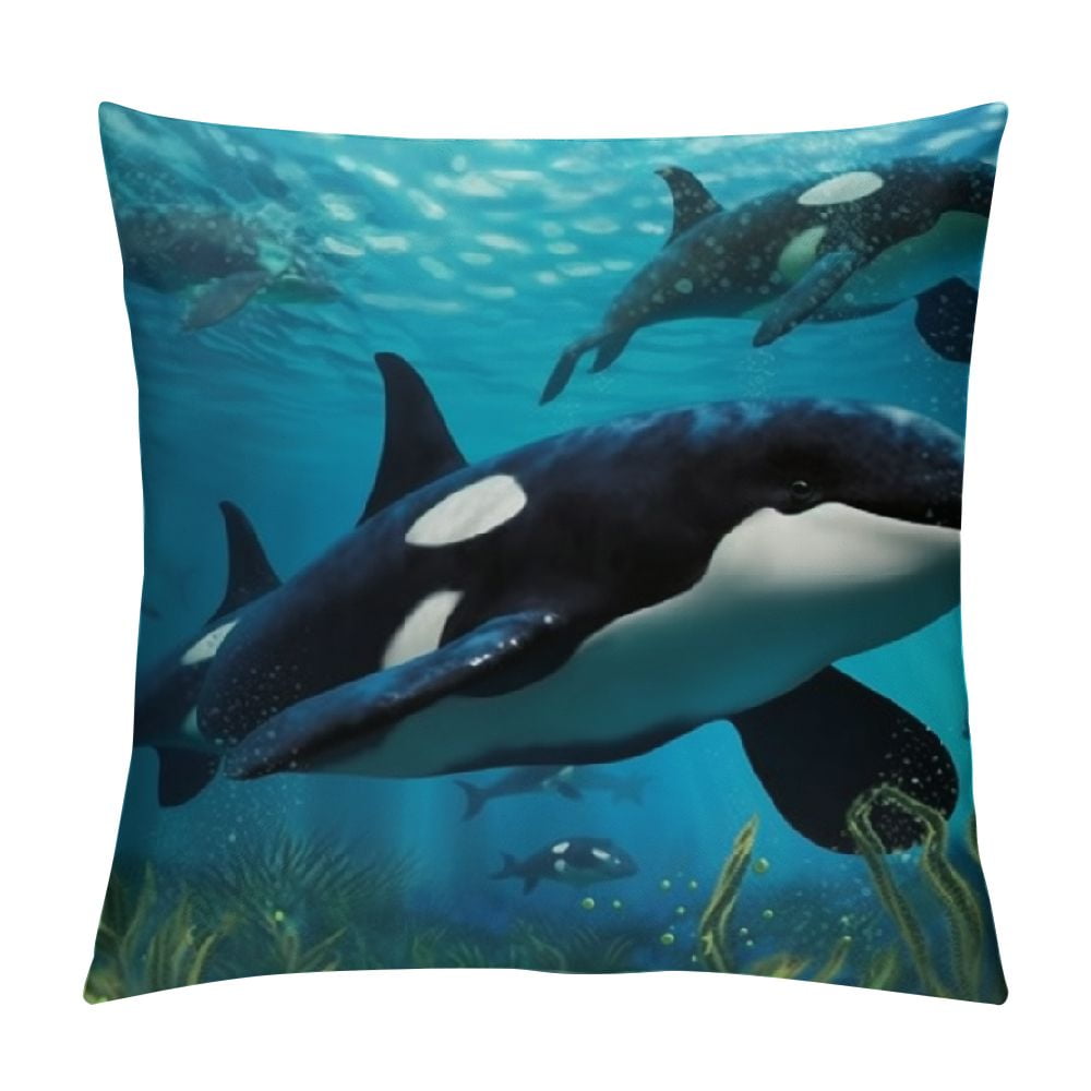 Whale Pillow Sham, Pod of Killer Whales Swim Along a Reef Looking for ...