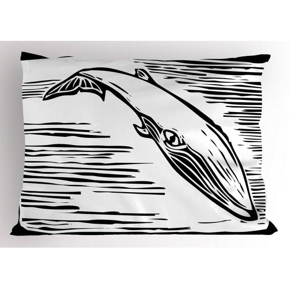 Whale Pillow Sham Vintage Style Hand Drawn Illustration of a Sea Mammal in Monochrome Framework, Decorative Standard Queen Size Printed Pillowcase, 30 X 20 Inches, Black and White, by Ambesonne