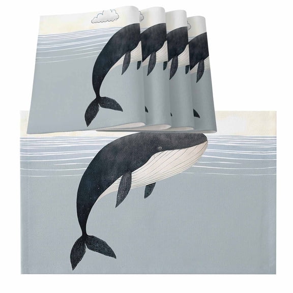 Whale Placemats for Dinning Table Set of 4, Ocean Coastal Fish Aqua Beach Orange Sky Burlap Kitchen Place Mats Waterproof Cloth Table Mats, Indoor Outdoor Placemats Easy Clean Dinner Decor