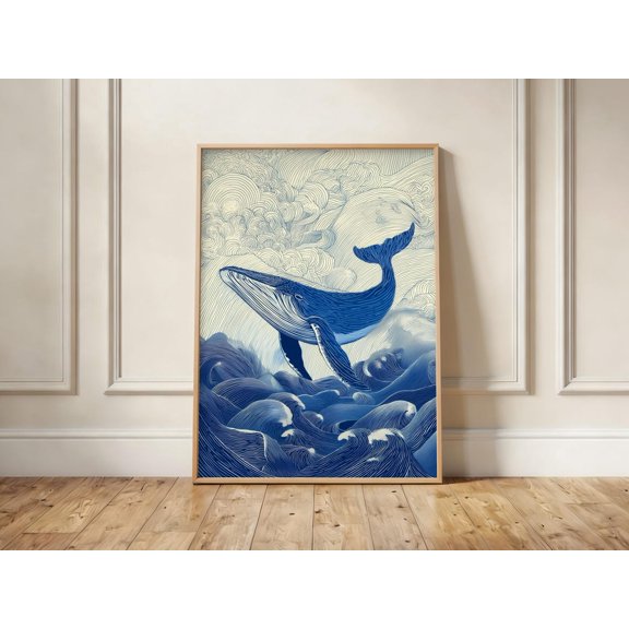 Whale Print Japanese Ukiyo-E Art Blue Ocean Waves Coastal Decor, Unframed Paper Print