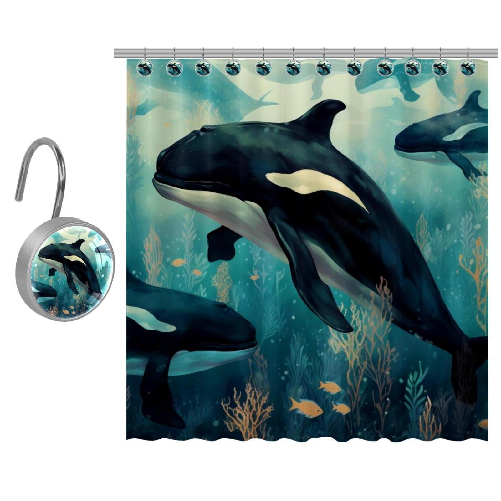 Whale Prints Shower Curtain, Polyester Shower Curtain Set with 10