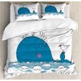 thumbnail image 1 of Whale Queen Size Duvet Cover Set, Sea Mammal Caricature Swimming in the Ocean and Splashing Water with Seagull, Decorative 3 Piece Bedding Set with 2 Pillow Shams, Blue and White, by Ambesonne, 1 of 3