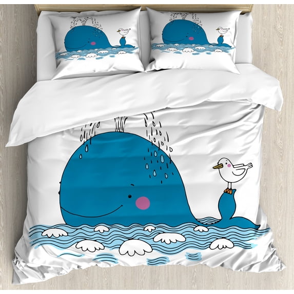Whale Queen Size Duvet Cover Set, Sea Mammal Caricature Swimming in the Ocean and Splashing Water with Seagull, Decorative 3 Piece Bedding Set with 2 Pillow Shams, Blue and White, by Ambesonne